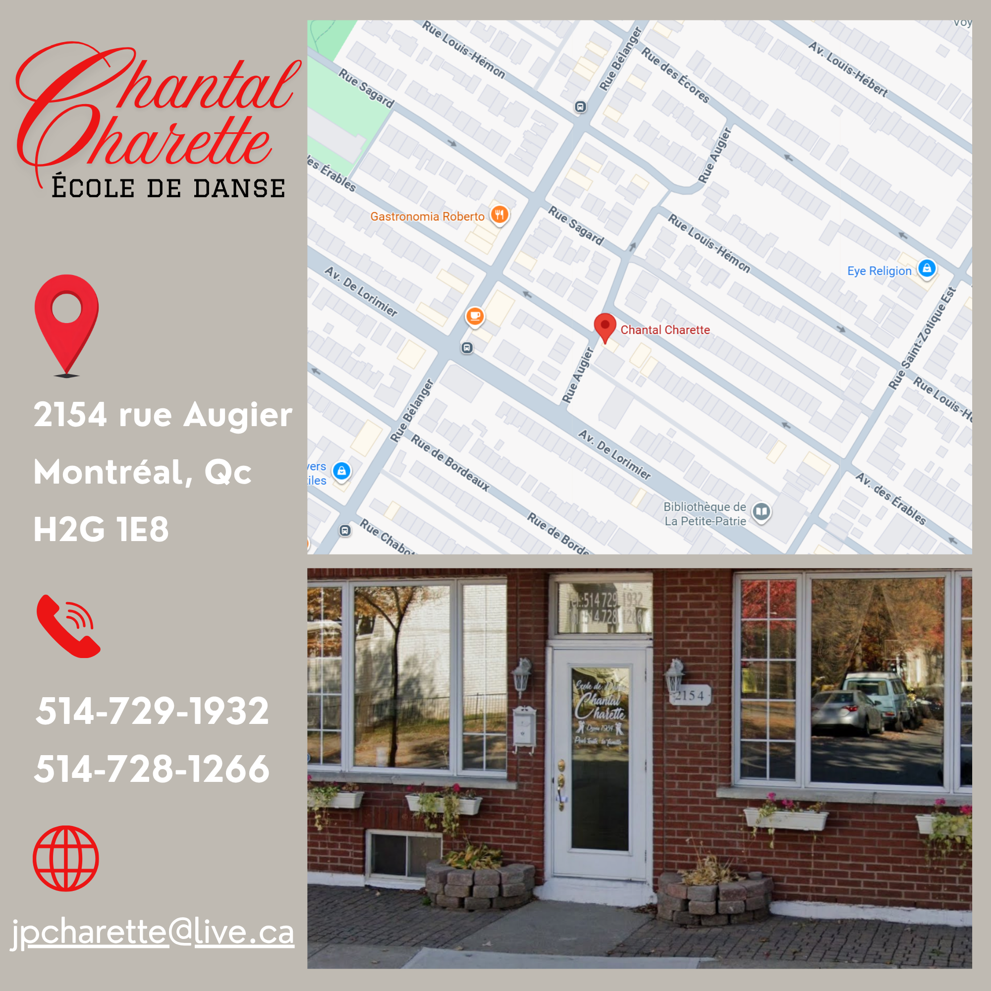 Carte, adresse et façade de l'École de danse Chantal Charette au 2154, rue Augier à Montréal